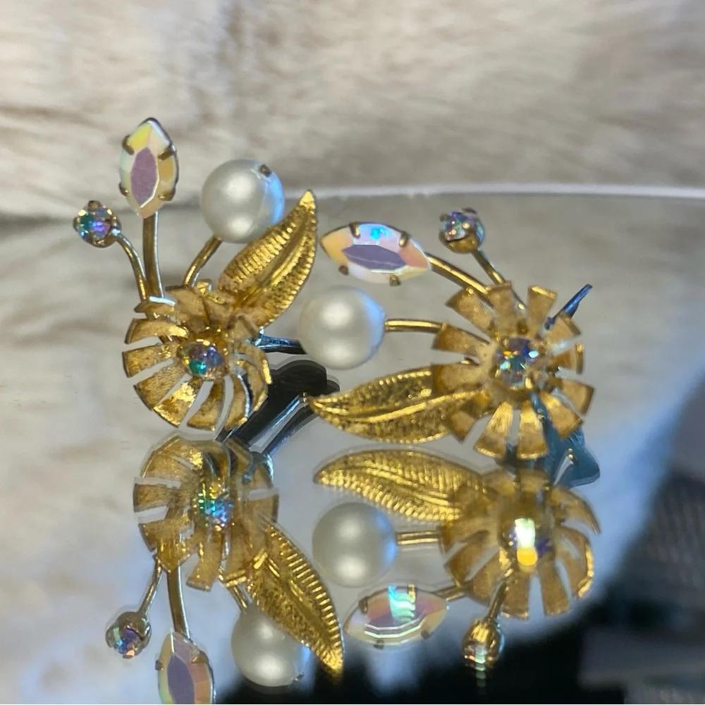Vintage Austria Gold Tone Clip-on Earrings with Faux Pearl & AB Crystals.